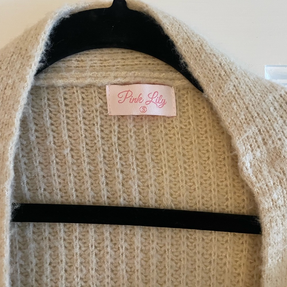 Pink Lily Cream Knit Tie-Waist Cardigan Sweater - Picture 2 of 5